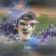 An abstract Waluigi laughing as crowds run from him.
